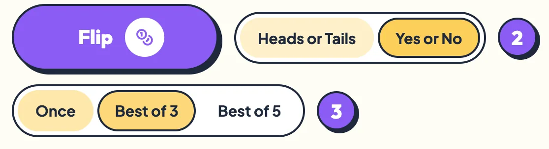 The switches for Heads or Tails versus Yes or No, and for Once, Best of 3 and Best of 5